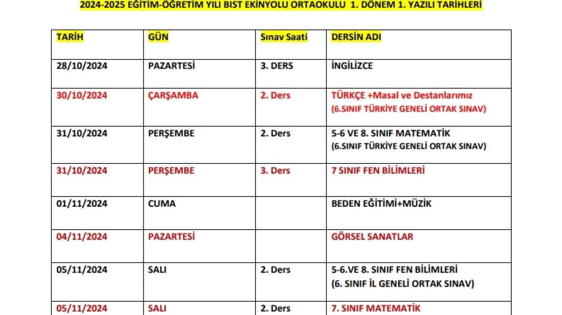 2024-2025 Eğitim-Öğretim Yılı Birinci Dönem 1. Sınav Tarihleri Belirlenmiştir.